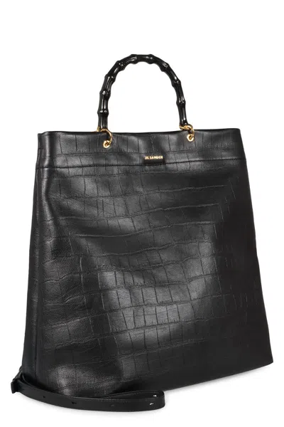 Jil Sander Bamboo-handle Embossed Leather Tote Bags In Black