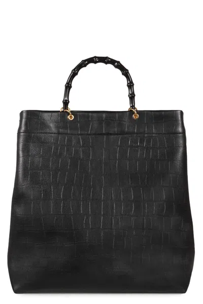 Jil Sander Bamboo-handle Embossed Leather Tote Bags In Black