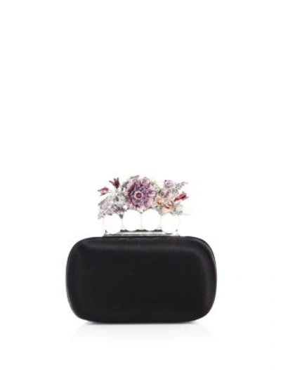 Shop Alexander Mcqueen Flower-crystal Satin Knuckle Box Clutch In Black