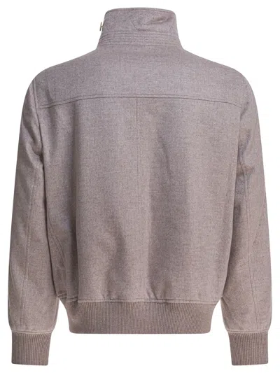 Brunello Cucinelli High Collar Ribbed Hem Button Side Pockets In Gray
