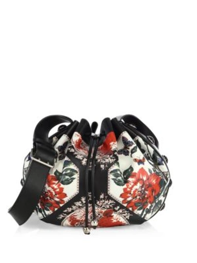 Alexander Mcqueen Floral-print Leather Drawstring Bag In White-multi