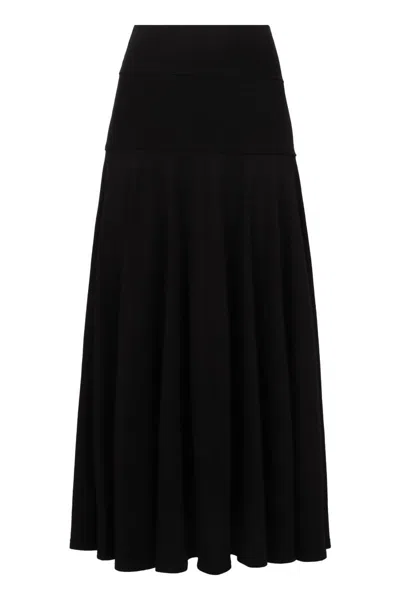 Plan C Flared Silhouette High-waisted Knit Midi Skirt In Black