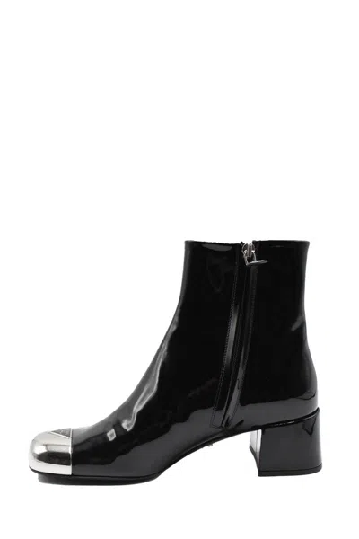 Prada Ankle Booties With Block Heel And Metallic Toe In Black