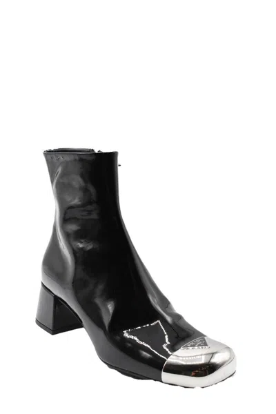 Prada Ankle Booties With Block Heel And Metallic Toe In Black