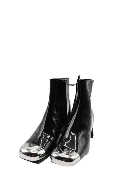 Prada Ankle Booties With Block Heel And Metallic Toe In Black