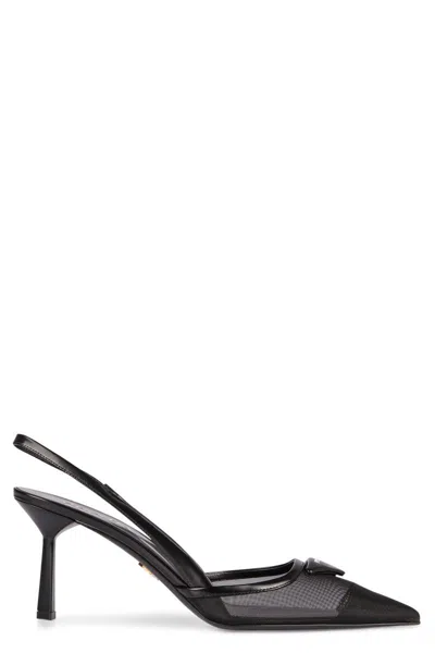 Prada 75 Logo Leather-trimmed Slingback Pumps In Black