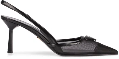 Prada 75 Logo Leather-trimmed Slingback Pumps In Black