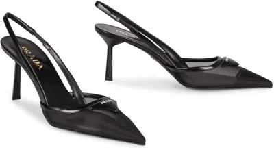 Prada 75 Logo Leather-trimmed Slingback Pumps In Black
