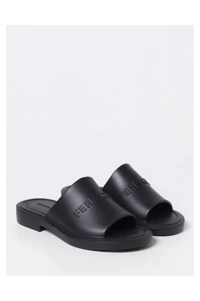 Ferragamo Open Toe Flat Sole Sandals In Black
