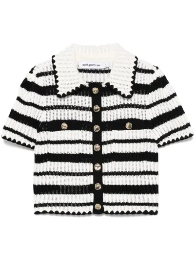 Self-portrait Cream And Black Striped Crochet Top Cream Black