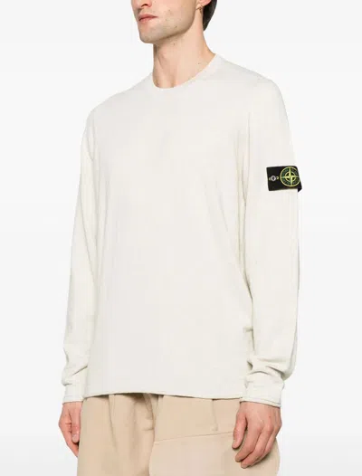 Stone Island Beige Long-sleeved Sweater With Distinctive Logo Patch In White
