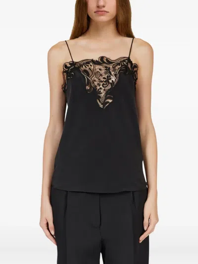Ferragamo Silk Embroidered-lace Top In Black