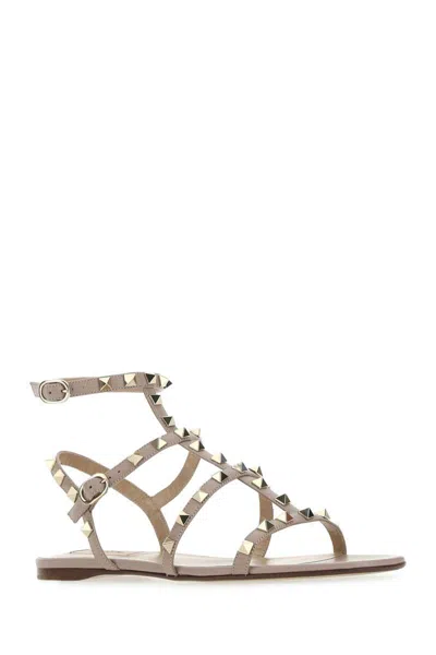 Valentino Round Toe Studded Leather Sandals In Neutral