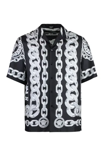 Versace Black And White Bowling Shirt With Cuban Collar And All-over Chain-link Print In Silk Man In Black