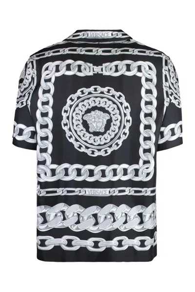 Versace Black And White Bowling Shirt With Cuban Collar And All-over Chain-link Print In Silk Man In Black