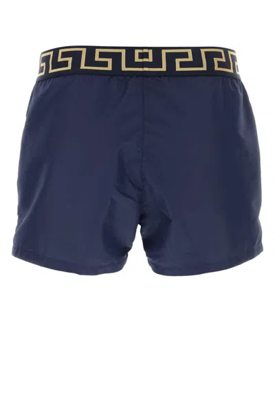 Versace Blue Swim Trunks With Greca And Medusa Head Print On Elastic Waistband In Nylon