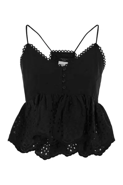 Weekend Max Mara Broderie Anglaise Peplum Top With Spaghetti Straps In Black
