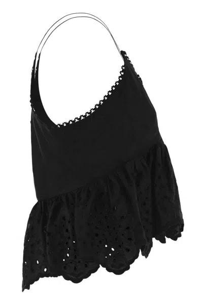 Weekend Max Mara Broderie Anglaise Peplum Top With Spaghetti Straps In Black