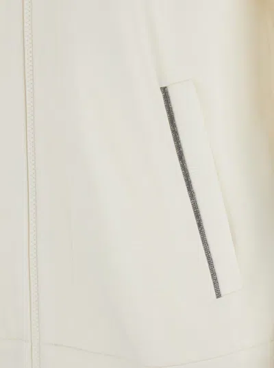 Brunello Cucinelli White Hoodie With Zip Closure In Cotton And Silk Blend Woman