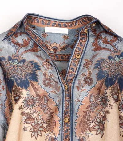 Zimmermann Womens Blue Cream Indienne Ascension Manstyle Graphic-pattern Silk Shirt In Blue