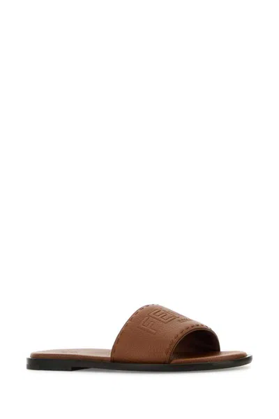 Fendi Caramel Leather Slippers In Brown