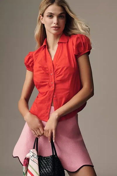 Maeve Ruched Puff-sleeve Buttondown Shirt In Red