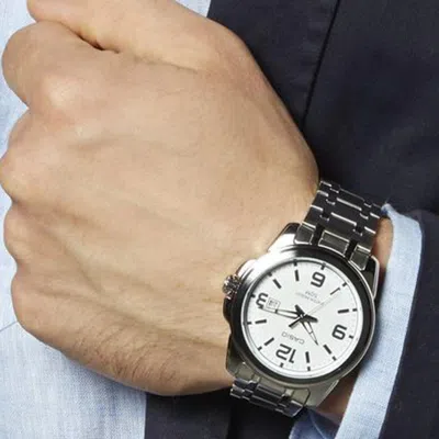 Casio Standard Steel Band Men's White Stainless Steel Strap White Dial Mens White Analog