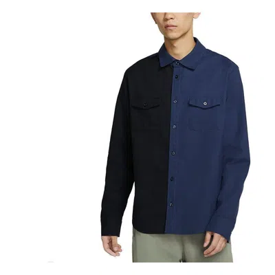 Nike Sb Skateboard Flannel Skateboard Splicing Long Sleeves Shirt Navy Blue