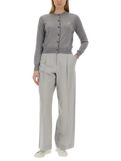 Maison Kitsuné Cropped Wool Cardigan With Ribbed Cuffs And Hem In Gray