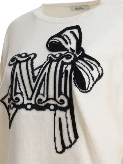 Max Mara Crew Neck Wool Cashmere Sweater With Graphic Detail In White