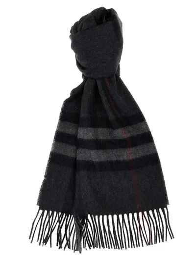 Burberry Check Fringe Detail Rectangular Scarf In Gray