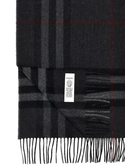 Burberry Check Fringe Detail Rectangular Scarf In Gray