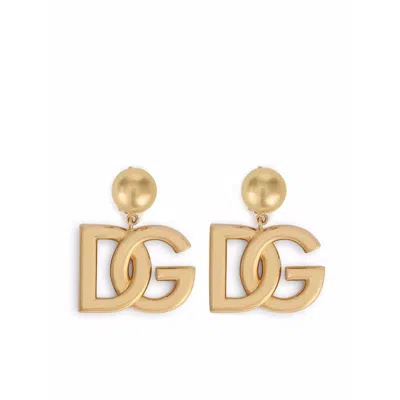 Dolce & Gabbana 'pop' Metallic Earings With Logo Pendant And Clip-on Closure In Neutral