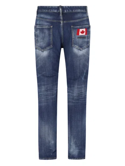 Dsquared2 Blue Straight Jeans With Logo Patch And Faded Effect In Stretch Cotton Denim Man In Blue
