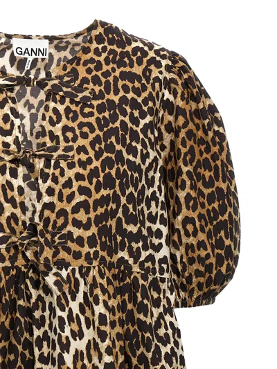 Ganni Printed Tie String Poplin Mini Dress In Animal Print