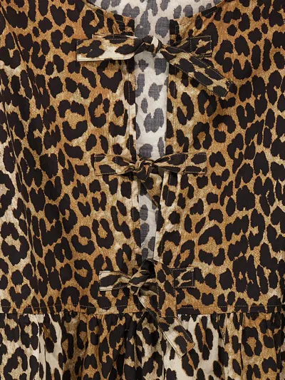 Ganni Printed Tie String Poplin Mini Dress In Animal Print