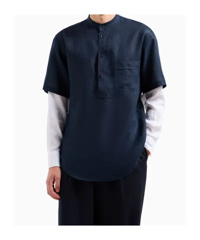 Giorgio Armani Loose-fit Linen Shirt In Blue