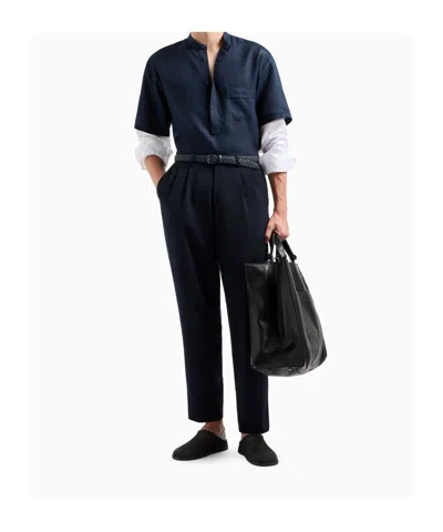 Giorgio Armani Loose-fit Linen Shirt In Blue