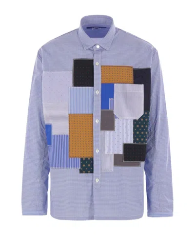 Junya Watanabe Mens Patchwork Check-print Cotton-poplin Shirt Sax/wht X Mix