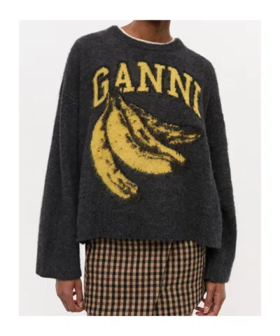 Ganni Jersey With Banana And Logo In Black