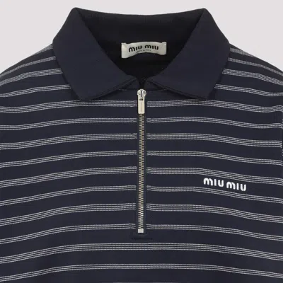 Miu Miu Striped Cotton Sweatshirt With Pointed Collar In Blue