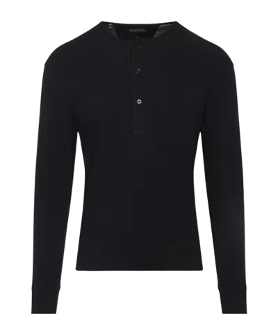 Tom Ford Mens Black Henley Ribbed Relaxed-fit Cotton-blend T-shirt In Black