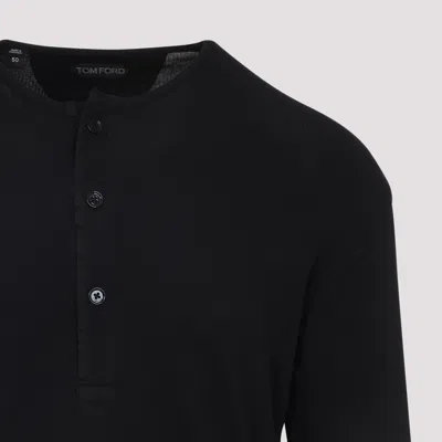 Tom Ford Mens Black Henley Ribbed Relaxed-fit Cotton-blend T-shirt In Black