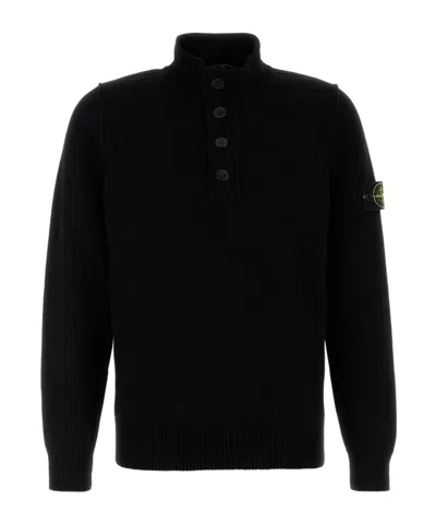 Stone Island High Collar Pullover With Buttoned Placket And Logo Patch In Black