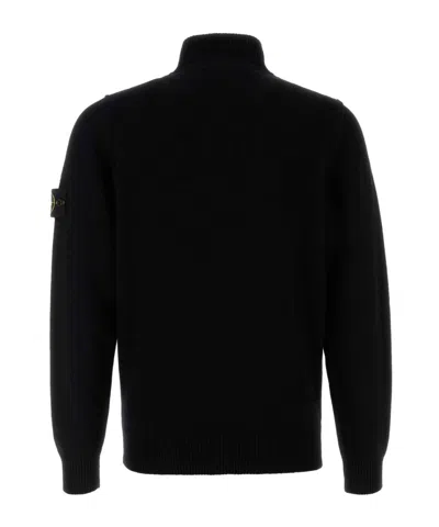 Stone Island High Collar Pullover With Buttoned Placket And Logo Patch In Black