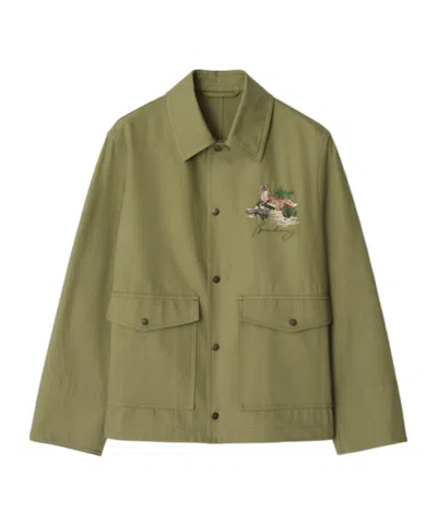 Burberry Cotton Jacket With Collar And Embroidered Detail In Green