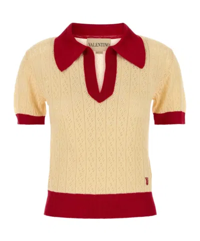 Valentino Garavani Two-tone Linen Blend Polo Shirt In Neutral