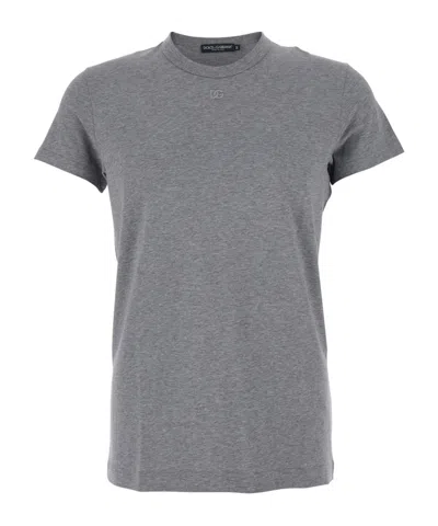 Dolce & Gabbana Grey Crewneck T-shirt With Tonal Logo Lettering Embroidery On The Front In Gray