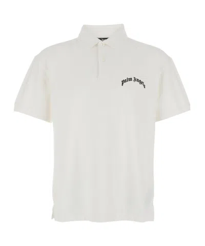 Palm Angels White Polo Shirt With Classic Collar And Logo On The Front In Metallic