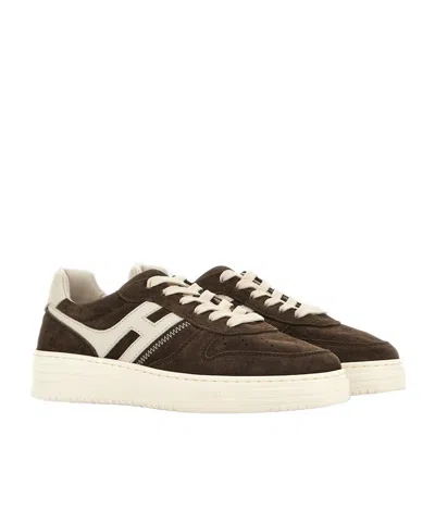 Hogan Leather Sneakers With Suede Finish And Rubber Sole In Brown